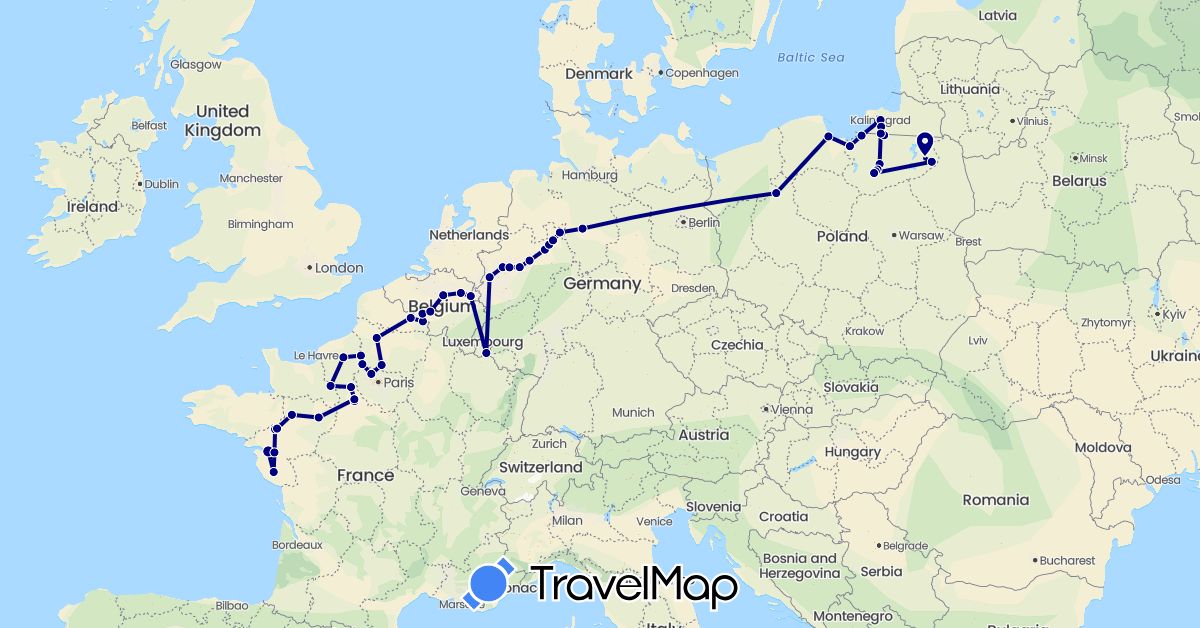 TravelMap itinerary: driving in Belgium, Germany, France, Luxembourg, Netherlands, Poland, Russia (Europe)