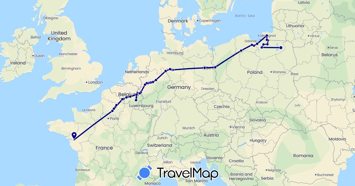 TravelMap itinerary: driving in Belgium, Germany, France, Poland, Russia (Europe)