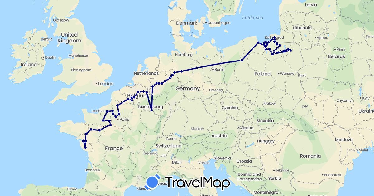 TravelMap itinerary: driving in Belgium, Germany, France, Luxembourg, Netherlands, Poland, Russia (Europe)